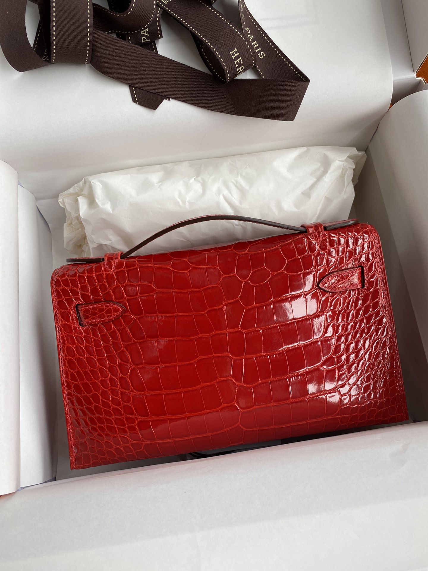 Hermes Mini Kelly Pochette 22cm Bag In Red Shiny Alligator Leather